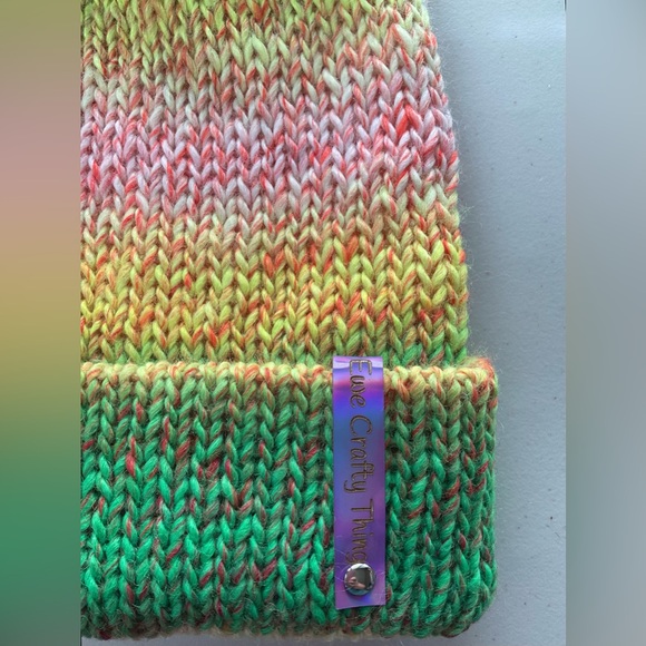 NWT Beanie w/Brim and PomPom, Green, Yellow, Pink, Double Fabric, Teen/Sm Adult - Picture 2 of 9